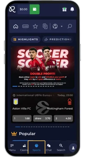 Navigieren Sie zur Sportsbook Rainbet, an online crypto casino
